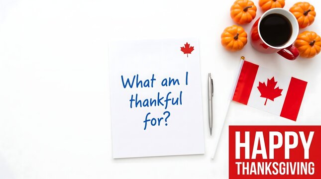 Happy Thanksgiving Canada flat lay with notepad "What am I thankful for" question, pen, Canadian flag, pumpkins and coffee cup on white desk