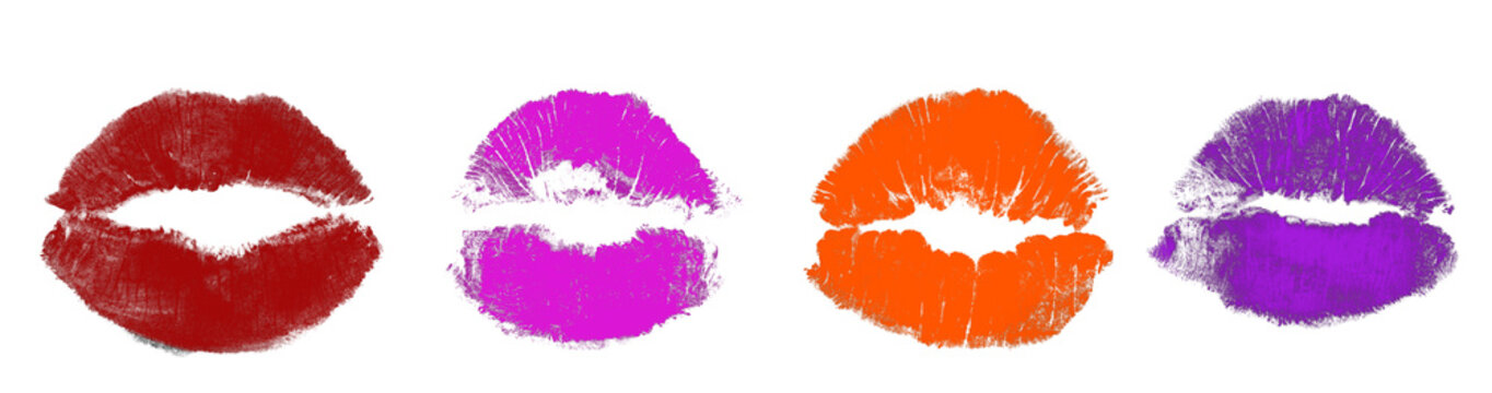 Set of a striking close up image of red lips textured makeup lip prints on white and black backgrounds