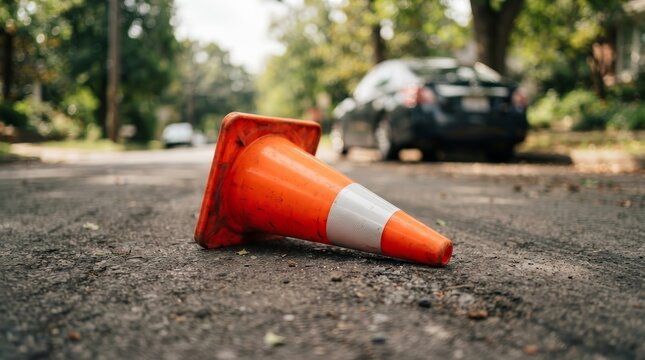 Close-up of an overturned traffic cone on a street near a parked car during a driving test.