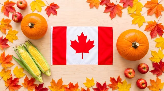 Canadian flag with autumn maple leaves, pumpkins, corn and apples flat lay for Canadian Thanksgiving harvest celebration
