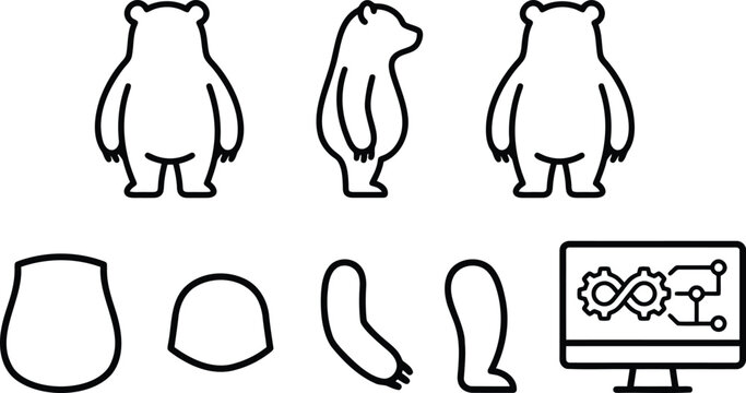 Polar Bear Vector Illustration Set with Rigging Parts and Model Sheet Design, Isolated on White