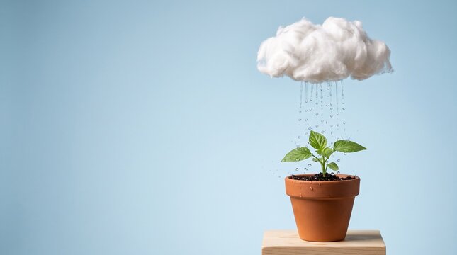 Conceptual cotton cloud watering a small seedling in a terracotta pot on a soft blue background