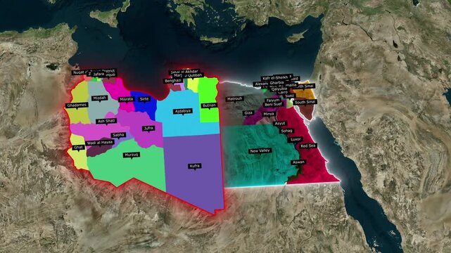 3D Animated Map of Libya and Egypt Highlighting Administrative Districts, Flag Overlays, and North Africa Borders