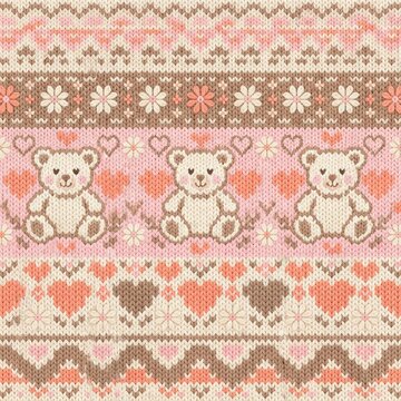Cozy Fair Isle knit texture illustration of cute teddy bears, pink hearts, and daisies in a charming horizontal repeating pattern for nursery decor or children's apparel.