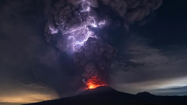 Volcanic eruption with lightning storm, glowing lava, dark ash plume, and red lava flow over rugged mountain landscape at night beneath dramatic sky