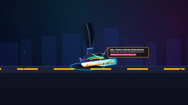 Educational 2D animation illustrating the physics and mechanics of energy return foam in running shoes featuring E-TPU bead lattice compression elastic strain potential energy and kinetic momentum