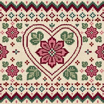 Traditional Scandinavian knit pattern featuring an intricate floral heart motif in red and green, a cozy and detailed textile ideal for Christmas or folk art backgrounds.