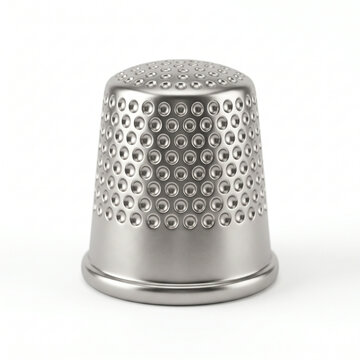 Vintage silver thimble with embossed pattern isolated on neutral background for crafting and sewing projects