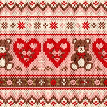 Cozy Valentine's Day knit sweater pattern featuring cute teddy bears, romantic rose hearts, and nordic snowflakes in a repeating design for holiday textile backgrounds.