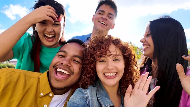 Multicultural friends taking selfie together pic with mobile phone - People having fun hugging outdoors - Youth lifestyle and friendship concept