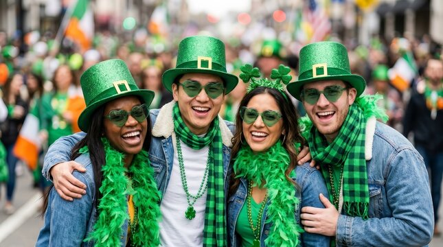 Cheerful young adults wearing green hats and accessories for a St Patricks Day celebration.