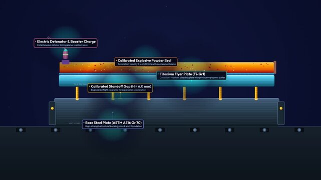 Detailed educational 2D animation demonstrating the explosive welding process of bonding a titanium flyer plate to a base steel plate using a detonator and hydrodynamic Kelvin-Helmholtz waves