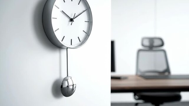 A modern pendulum clock hangs on a white wall while a blurred office desk and chair are visible in the background