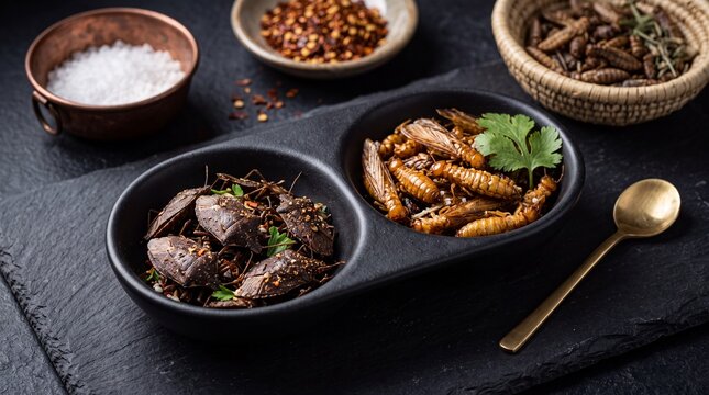 Traditional Zimbabwean Roasted Harurwa Stink Bugs and Ishwa Flying Termites in a Black Bowl with Salt, Chili Flakes and a Brass Spoon on Dark Slate