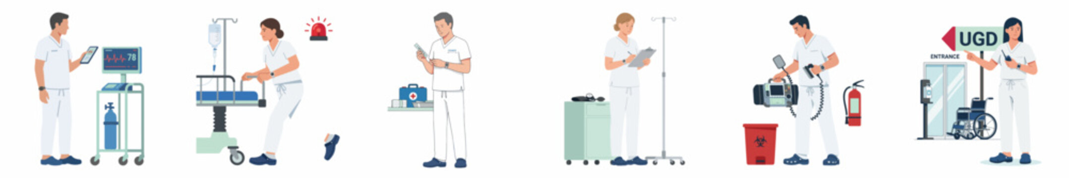 Set of Illustrations Featuring Nurses and Medical Staff Using Hospital Equipment and Facilities
