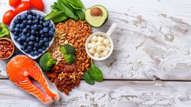Fresh Healthy Ingredients for Balanced Diet Displayed on Rustic Wooden Table