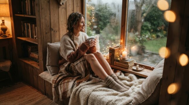 Young woman relaxing with a warm drink by a rainy window in a cozy wooden home interior setting