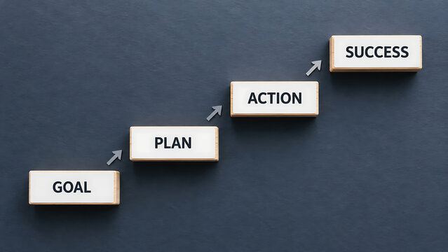 Goal plan action and success steps on dark background representing strategic planning progress motivation achievement workflow and business development journey concept illustration
