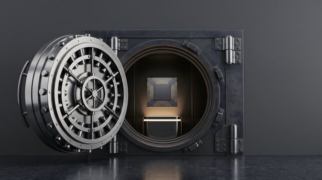 Open bank vault door revealing a glowing interior safe deposit box.