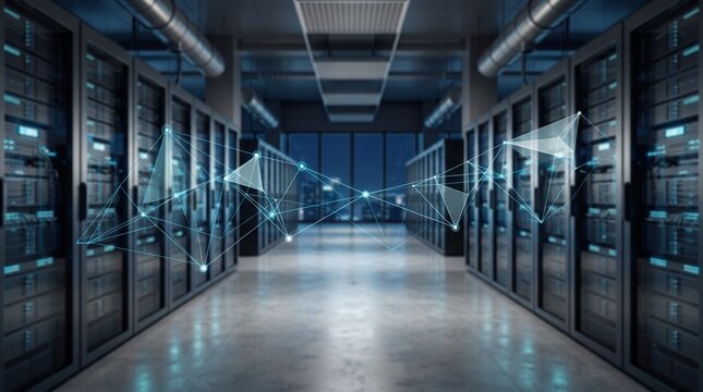 Modern server room interior with rows of server cabinets and glowing geometric lines symbolizing high speed data transfer