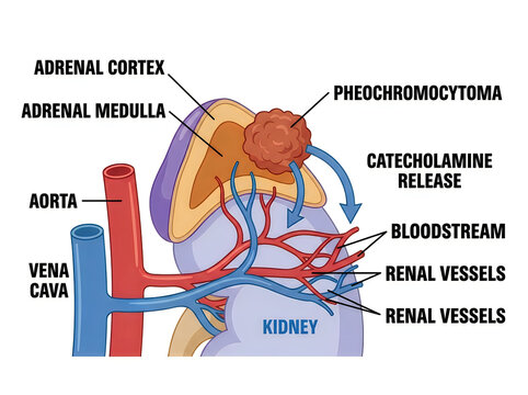 Pheochromocytoma Adrenal Gland Tumor Medical Diagram Showing Catecholamine Release Adrenal Cortex Medulla and Renal Blood Supply