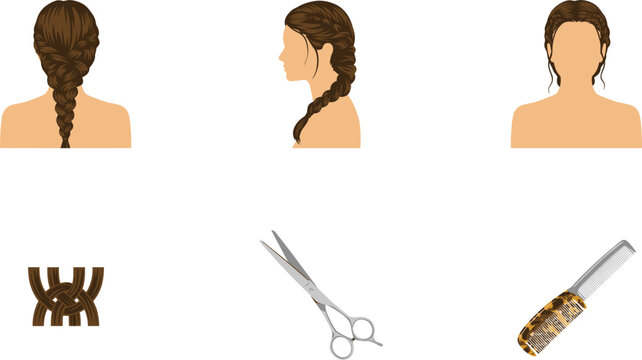 Braided Hairstyle and Salon Vector Icon Set Featuring French Braid Tutorial Views, Scissors, Comb, and Hair Weave Diagram for Beauty Styling Guides