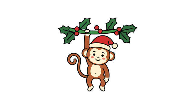 Cute cartoon monkey wearing santa hat hanging from christmas holly branch vector