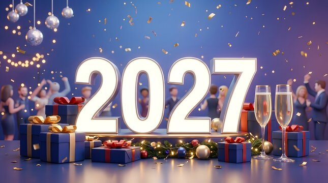 Celebration background for Happy New Year 2027 featuring glowing white numbers, champagne glasses, confetti, and gift boxes in a blurry party room.