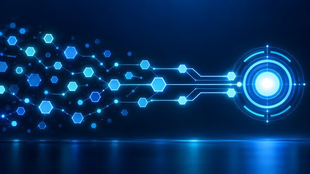 Abstract blue hexagonal network flowing into centralized digital core representing advanced blockchain technology and secure data transmission