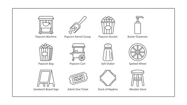 Popcorn Party Icons: A collection of minimalist outline icons depicting items associated with popcorn and movie-watching, including a popcorn machine, scoop, bag, bucket, cart, and more.