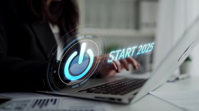 Start 2025 concept with futuristic power button symbolizing fresh beginnings, innovation, and digital transformation. Start 2025, new goals, and start 2025 initiative. Muxer