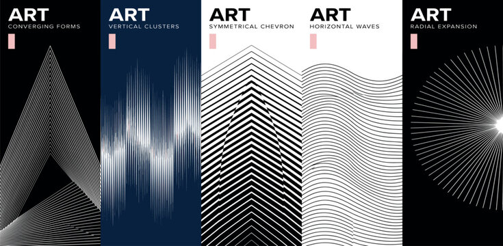 Monochrome technical line grid poster set with kinetic halftone distortion patterns, Minimalist geometric visual transformation and abstract structural evolution artwork with transition effect