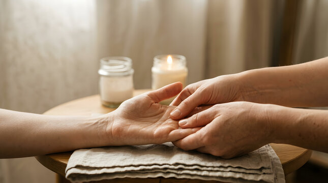 Hand reflexology massage, therapist's thumbs pressing client's palm on wooden table with linen cloth and candle