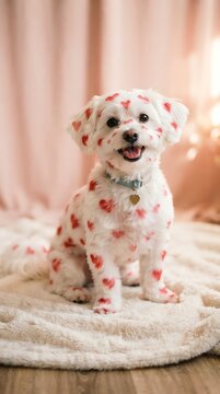 Adorable Dalmatian Puppy with Heart-Shaped Spots Sitting on Rug.