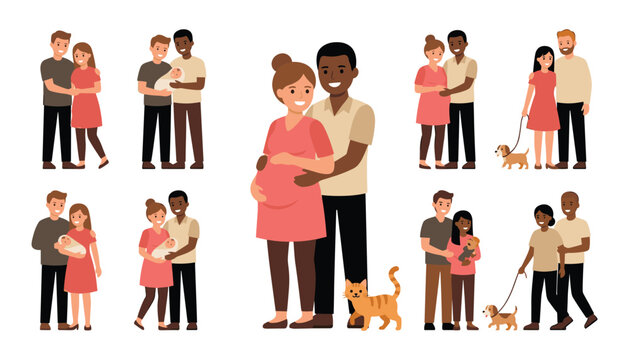 Happy Diverse Couples and New Families Character Set featuring Pregnant Women, Newborn Babies, Young Children, and Cute Pets for Parenting, Maternity, and Family Life Concept Vector Illustration.