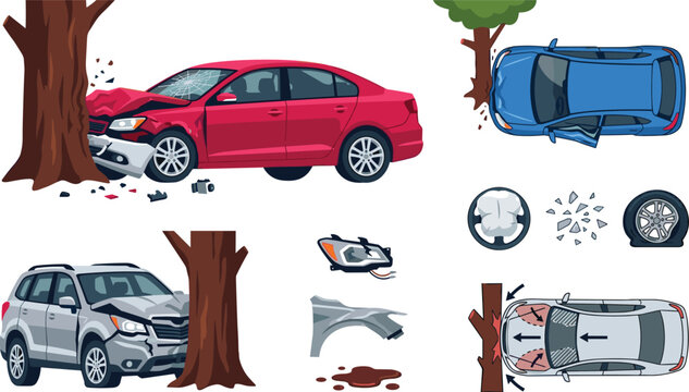 Car Accident Vector Set with Damaged Auto Crashed into Tree Top View Collision Airbag Exploded Flat Tire and Broken Glass Icons for Insurance Designs