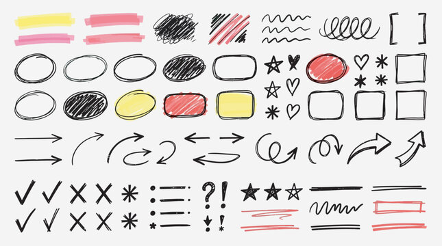 Hand-drawn highlighter doodle element set, collection of circles, ovals, rectangles, arrows, underlines, check marks, crosses, stars, scribbles, highlight strokes and emphasis marks