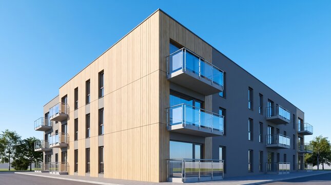 Modern Residential Building with Glass Balconies and Wood Accents Under a Clear Blue Sky