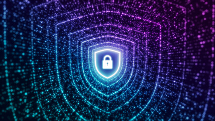 Fototapeta premium Glowing neon security shield and padlock icon in a futuristic digital tunnel representing cybersecurity, data privacy protection, and safe internet networks.