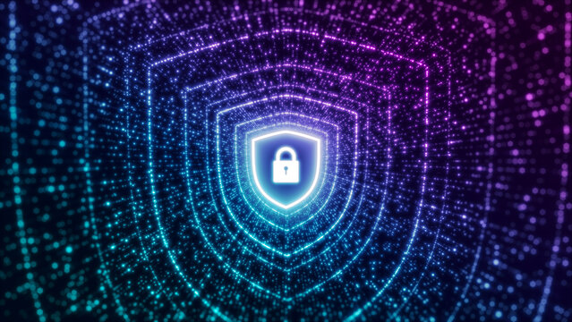 Glowing neon security shield and padlock icon in a futuristic digital tunnel representing cybersecurity, data privacy protection, and safe internet networks.