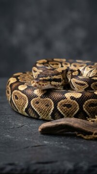 Close-up of a coiled Ball Python snake with intricate patterns on its scales.