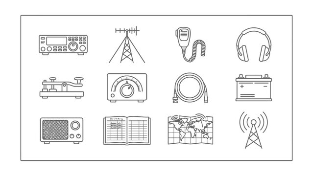 Radio Equipment Icons: A collection of black and white line art icons showcasing various radio communication equipment, including transmitters, receivers, antennas, microphones, headphones, and more.