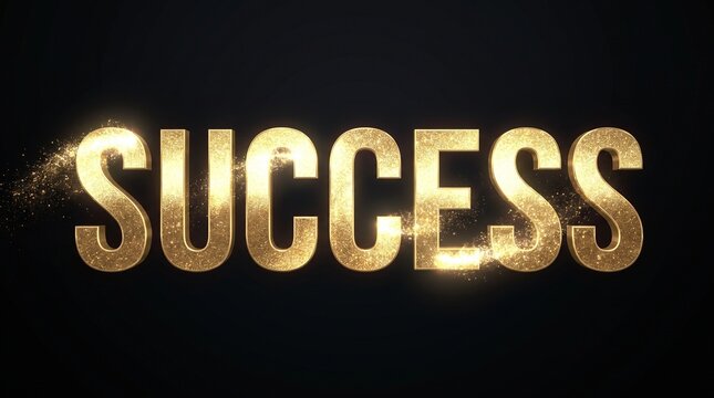 Golden glitter success text typography isolated on a black background with sparkling particles