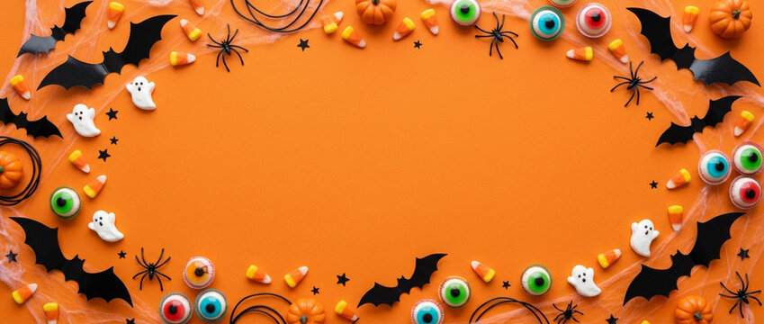 Halloween border, bats, candy, ghosts, spiders, pumpkins, copy space, orange background