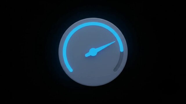 3D Speedometer Icon with Glowing Blue Gauge Needle and Progress Bar on Black Background