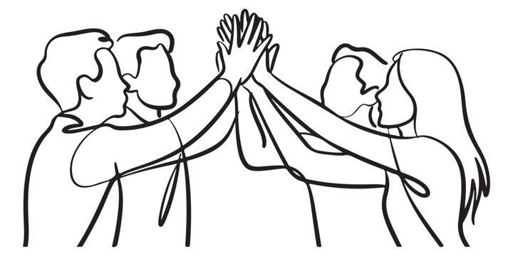 Teamwork concept with people giving high five in abstract line art illustration for collaboration and success.