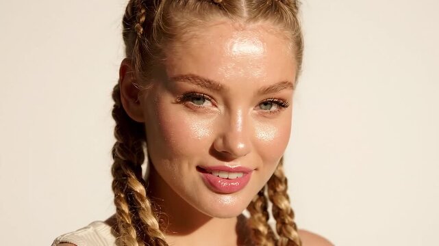Young woman with glittery makeup and braided blonde hair posing against a bright neutral background with attractive