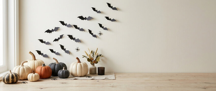 Halloween Decor: Pumpkins, Bats & Spiders on a Neutral Background