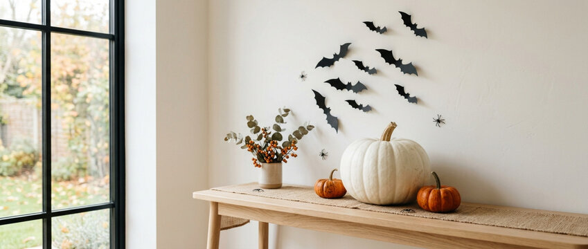 Halloween decor: pumpkins, bats on wall and autumnal foliage on table