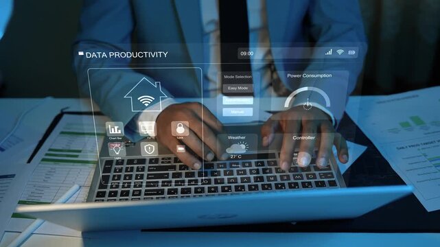 Business professional using a laptop with data productivity dashboard overlay, charts and reports animation on desk, showing digital analytics and smart office work
